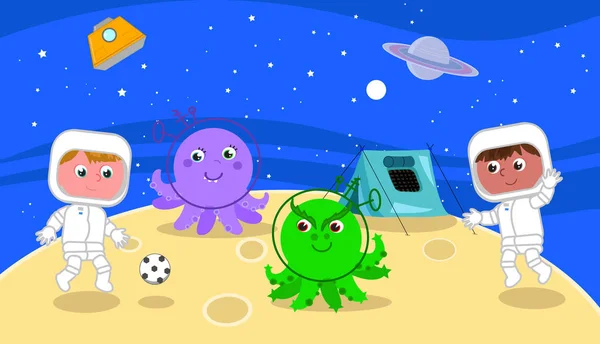 Spacemen jouer au football avec des extraterrestres de dessin animé — Image vectorielle