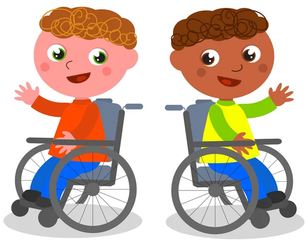 Bambini felici su sedia a rotelle vettore — Vettoriale Stock