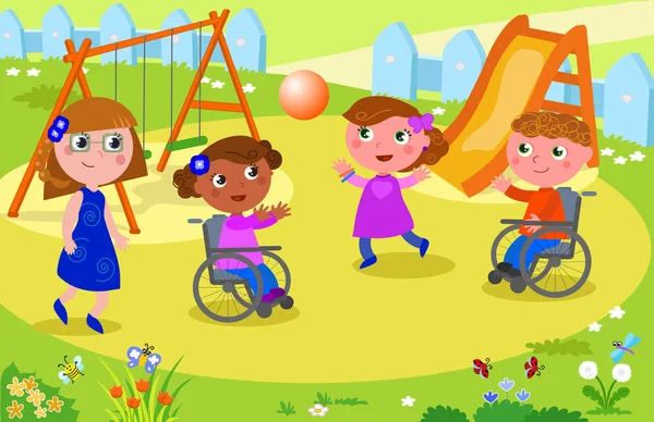 Dzieci gry w siatkówkę z dziećmi na wózku inwalidzkim. — Wektor stockowy