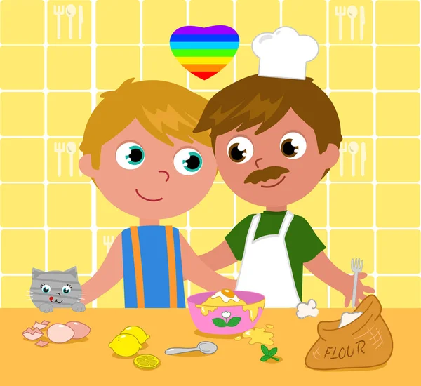 Gay pareja cocinar felizmente vector ilustración — Archivo Imágenes Vectoriales