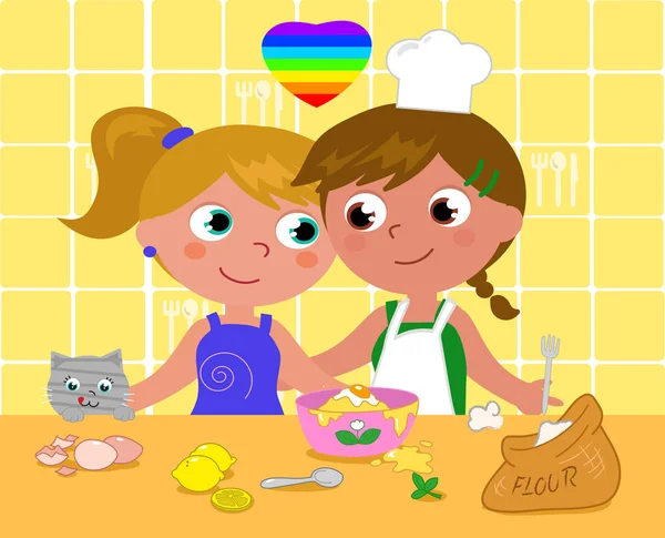 Casal de lésbicas cozinhar feliz vetor ilustração — Vetor de Stock