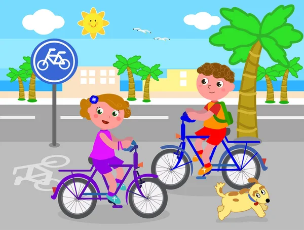 Jongen en meisje op fiets vector — Stockvector