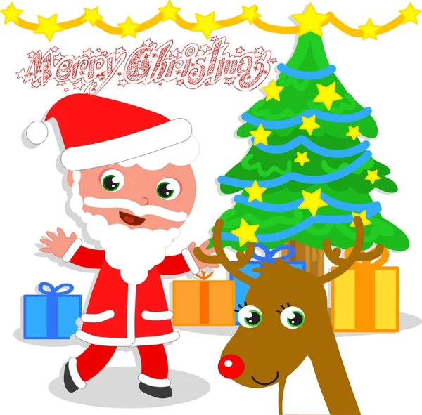 Izolované Santa Claus s strom a sobů — Stockový vektor
