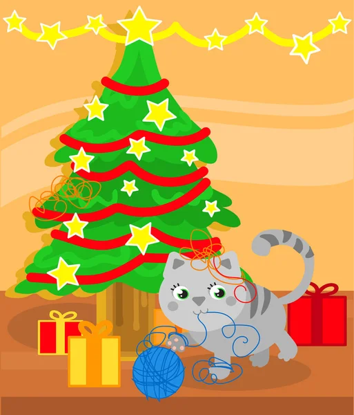 Weihnachtsbaum und süße Katze — Stockvektor