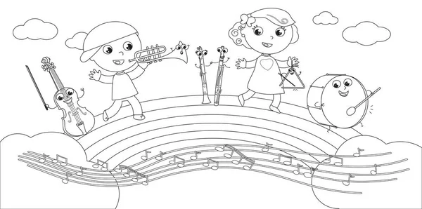 Színezés a zenei eszközök és a gyermekek vektor — Stock Vector