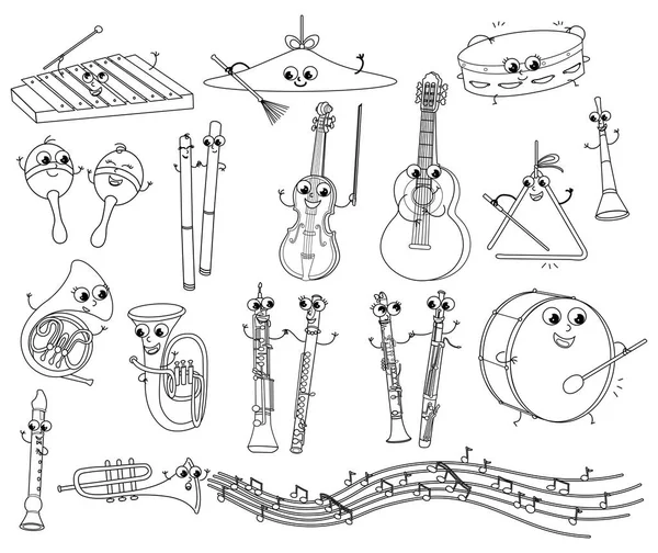 Conjunto de divertidos instrumentos musicales para colorear para niños vector — Archivo Imágenes Vectoriales
