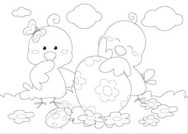 Coloriage joyeuse carte de vœux de Pâques avec des petits poulets — Image vectorielle