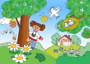 Çocuk fotoğraf makinesi karikatür çizim ile kırsal kesimde