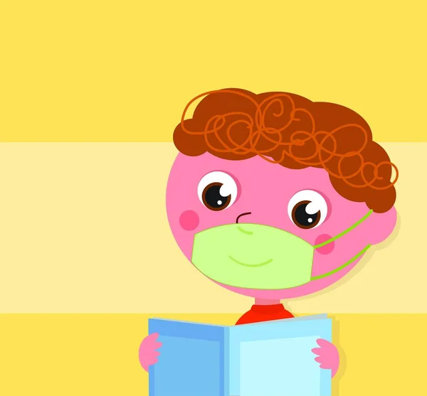 Koruyucu Maskeli Çocuk Kitap Okuyor Vektör Illüstrasyonu — Stok Vektör