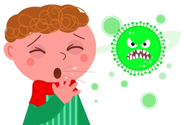 私は緑の漫画Covid 19ウイルスで子供を咳 白い背景のベクトルイラスト — ストックベクタ