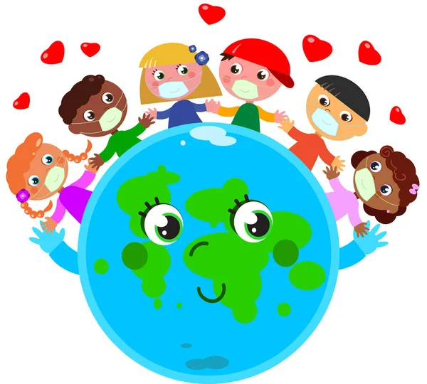 Happy Cute Planet Earth Children Protection Masks Peace Love Digital — Stock Vector