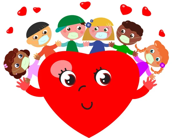 Šťastný Roztomilý Karikatura Srdce Dětmi Ochrannými Maskami Klidu Lásce Digitální — Stockový vektor
