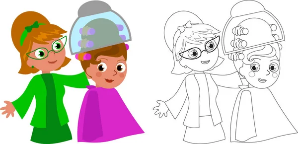 Cabeleireiro Dos Desenhos Animados Dos Anos Mulher Isolado Colorir Vector —  Vetores de Stock