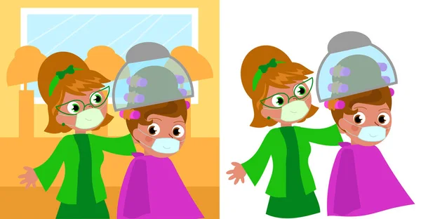 Cartoon Friseur Und Frau Schönheitssalon Mit Medizinischen Masken Vektor Illustration — Stockvektor