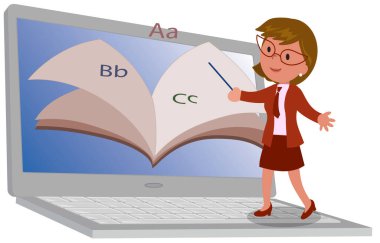 Uzaktan eğitim: dizüstü bilgisayar ve öğretmen açık kitapla canlı yayında. Dijital illüstrasyon.