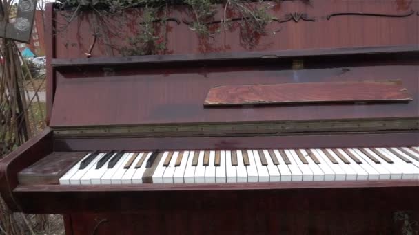 O velho piano lá fora. Instrumentos musicais antigos. História. Museu, Arte HD — Vídeo de Stock