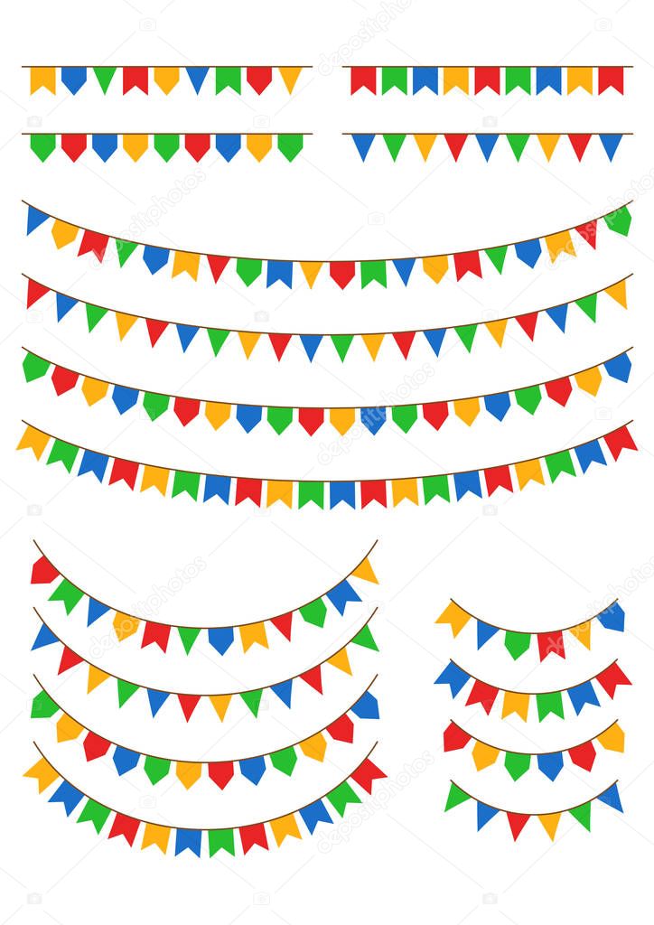 Colorful flags hanging on strings of different length vector illustration