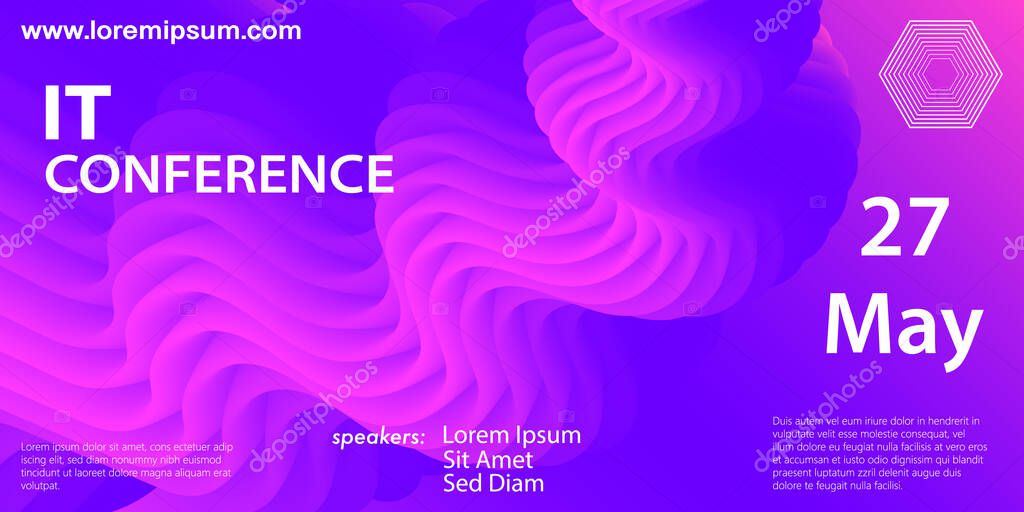 Purple background. Conference poster. Fluid shape. Abstract flow. Colorful futuristic gradient. Geometric background. 3d fluid banner.