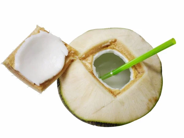 Refreshing and cold green coconut fruit juice — Stock Photo, Image