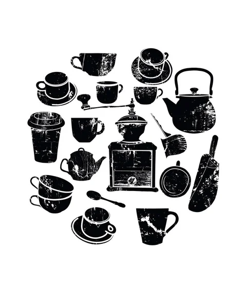  Grunge siluetleri kahve elemanları. Kahve arka plan