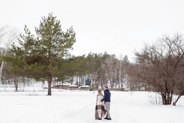 スタイリッシュな美しい若いカップル新郎新婦の冬の風景の背景 — ストック写真