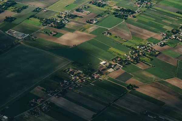 Aerial agriculture landscape with river and farms, village. — Stock Photo, Image