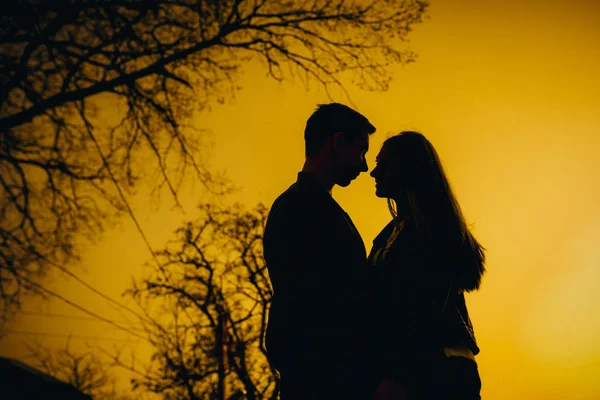 Geweldige silhouet van liefhebbers. Ware liefde emoties van vrolijke leuk paar samen genieten van de tijd buiten in de stad. Mooie gelukkige momenten, plezier, glimlachend verliefd op de achtergrond van de stad. — Stockfoto