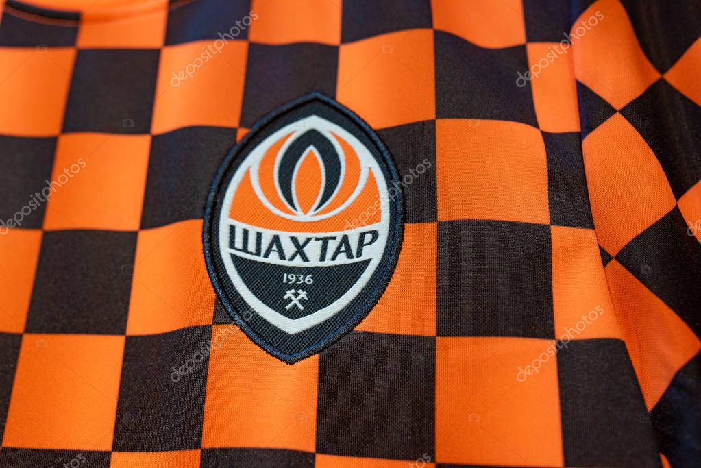 Kharkiv, Ukraine - August 3, 2019: Football kit (jersey) of FC Shakhtar in fan shop