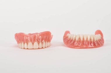 Sahte protezler. Diş hijyenisti konsepti. Alt çenenin tam çıkarılabilir plastik protezi.