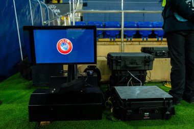 Kharkiv, Ukraine - February 20, 2020: Video assistant referee before match Europa League Shakhtar - Benfica