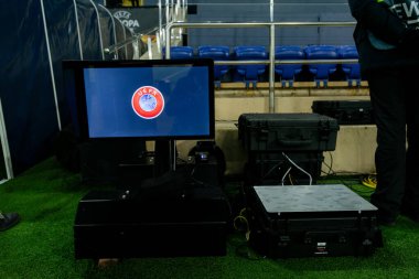 Kharkiv, Ukraine - February 20, 2020: Video assistant referee before match Europa League Shakhtar - Benfica