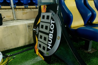 Kharkiv, Ukraine - February 20, 2020: Replacement board hublot UEFA before match Europa League Shakhtar - Benfica