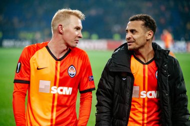 Kharkiv, Ukraine - February 20, 2020: Viktor Kovalenko and Alan Patrik after match Europa League Shakhtar - Benfica