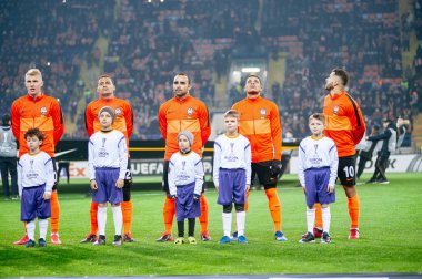 Kharkiv, Ukraine - February 20, 2020:  Kovalenko, Alan Patrik, Ismaily, Taison, Junior Moraes before match Europa League Shakhtar - Benfica