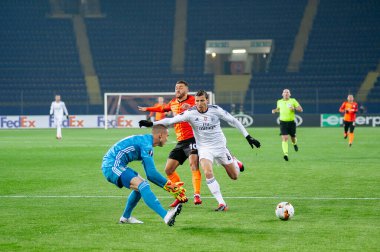 Kharkiv, Ukraine - February 20, 2020: Vlachodimos, Ruben Dias and Junior Moraes during match Europa League Shakhtar - Benfica