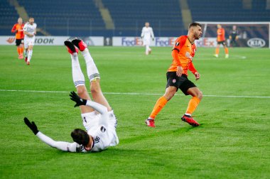 Kharkiv, Ukraine - February 20, 2020: Vlachodimos, Ruben Dias and Junior Moraes during match Europa League Shakhtar - Benfica