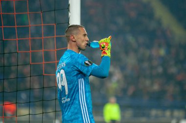Kharkiv, Ukraine - February 20, 2020:  Vlachodimos goalkeeper drinking water during match Europa League Shakhtar - Benfica
