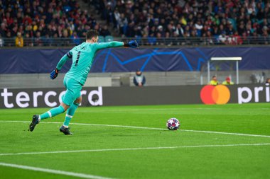 Leipzig, Almanya - 20 Mart 2020: Hugo Lloris Tottenham Hotspur kalecisi Leipzig Tottenham 'a karşı Leipzig Arena maçında 