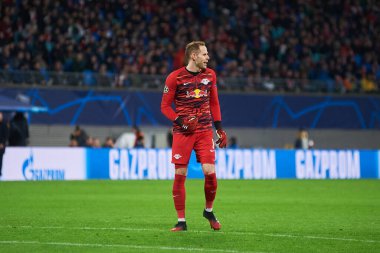 Leipzig, Almanya - 20 Mart 2020: Leipzig kalecisi Peter Gulacsi Leipzig maçında Tottenham 'a karşı Leipzig Arena maçında 