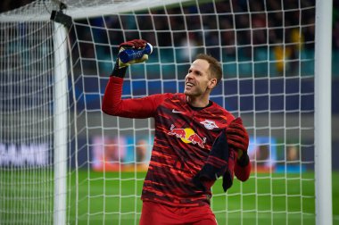 Leipzig, Almanya - 20 Mart 2020: Leipzig kalecisi Peter Gulacsi Leipzig maçında Tottenham 'a karşı Leipzig Arena maçında 