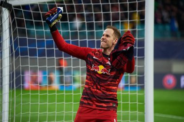 Leipzig, Germany - March 20, 2020: Goalkeeper Peter Gulacsi Of Leipzig during the match Leipzig vs Tottenham at Leipzig Arena before  clipart