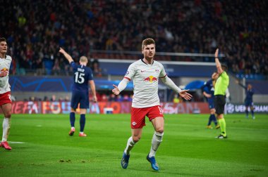 Leipzig, Almanya - 20 Mart 2020: Leipzig-Tottenham maçında Timo Werner 