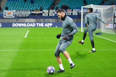 Leipzig, Almanya - 20 Mart 2020: Hugo Lloris Tottenham Hotspur kalecisi Leipzig Tottenham 'a karşı Leipzig Red Bull Arena maçından önce