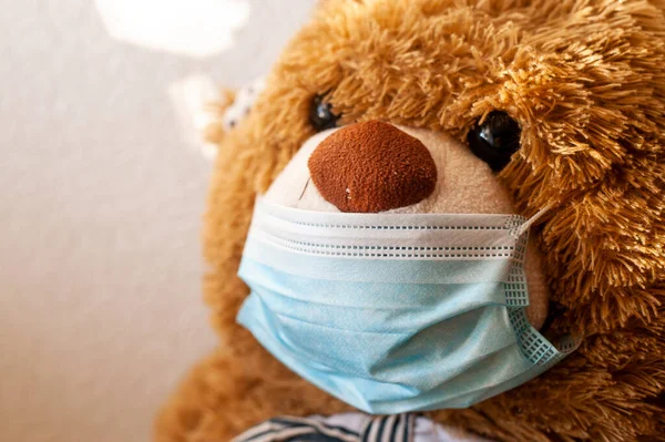 Bear Both Protective Medical Masks Stay Home Quarantine Coronavirus Pandemic — Stock Photo, Image