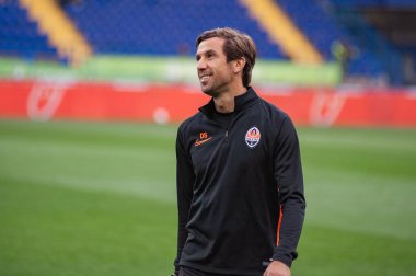 Kharkiv, Ukrayna - 14 Eylül 2019: Dario Srna Ukrayna Premier Ligi maçından önce antrenman öncesi Zorya Luhansk