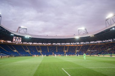 Kharkiv, Ukrayna - 14 Eylül 2019: Metalist stadyum ve Ukrayna Prömiyer Ligi Shakhtar - Zorya