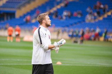 Kharkiv, Ukrayna - 14 Eylül 2019: Kaleci Shevchenko Mykyta. Ukrayna Premier Ligi. FC Shakhtar Donetsk-FC Zorya Luhansk