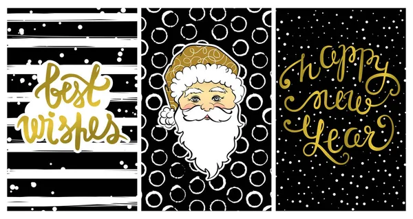 与快乐新年 2017年卡的可爱集合。设置与最好的祝愿 — — 书法打印，卡通圣诞老人。美丽的节日装饰圣诞假期 — 图库矢量图片