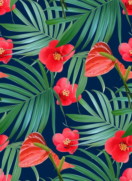 Vektör Tropikal çiçekler ve palmiye dikişsiz desen yaprakları. Çiçek — Stok Vektör