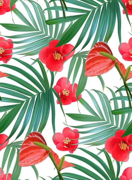 Vector Tropical flowers and palm leaves seamless pattern. Floral